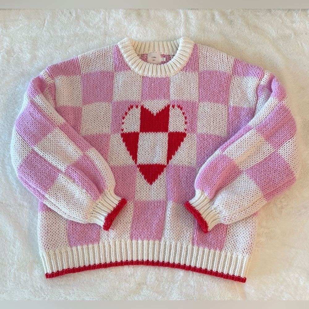 Luna Ivy Pink & White Crochet Checkered & Heart Sweater, Puff Sleeves, Cozy Soft - Picture 4 of 15